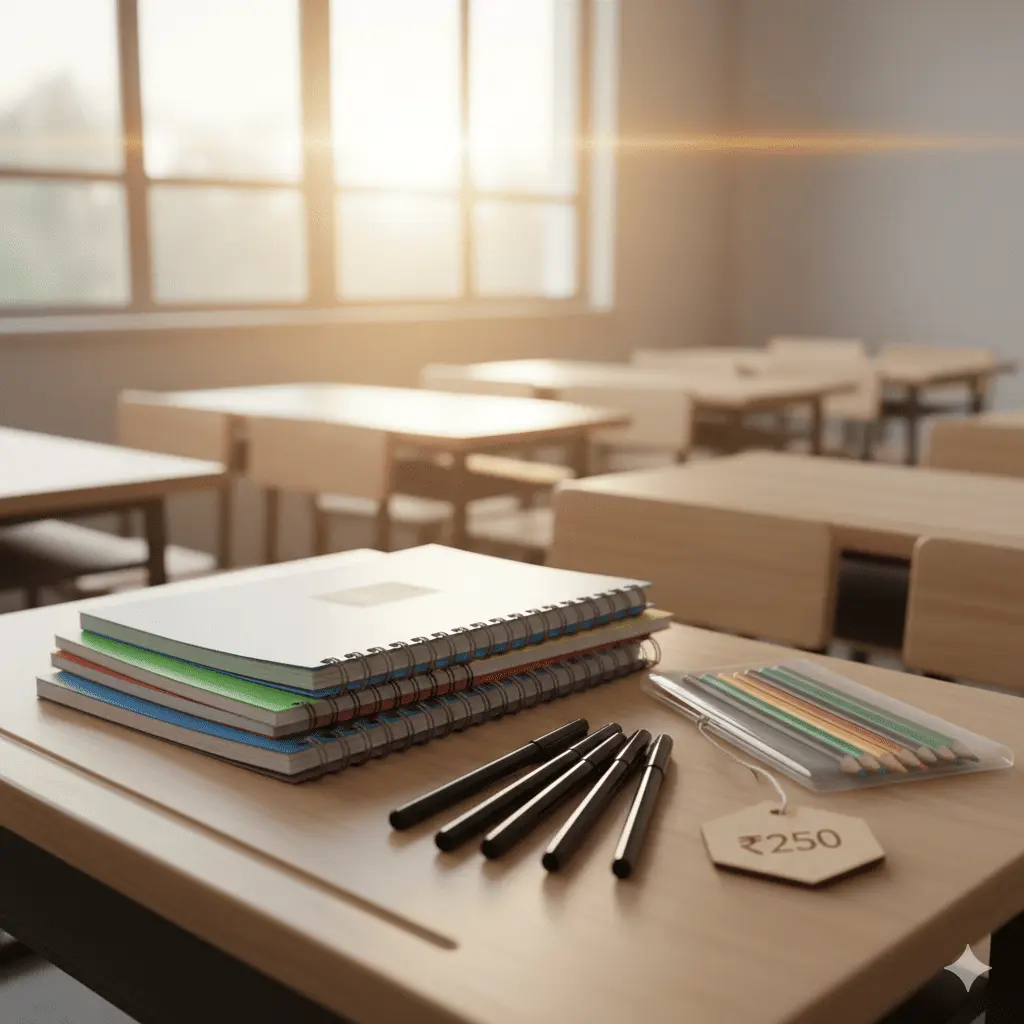 A stack of new notebooks and pens.