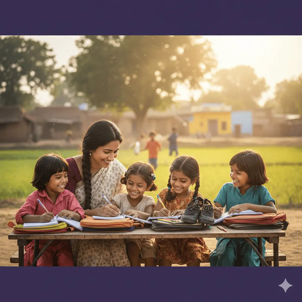 Children smiling and learning with a teacher, representing the Light a Mind campaign.